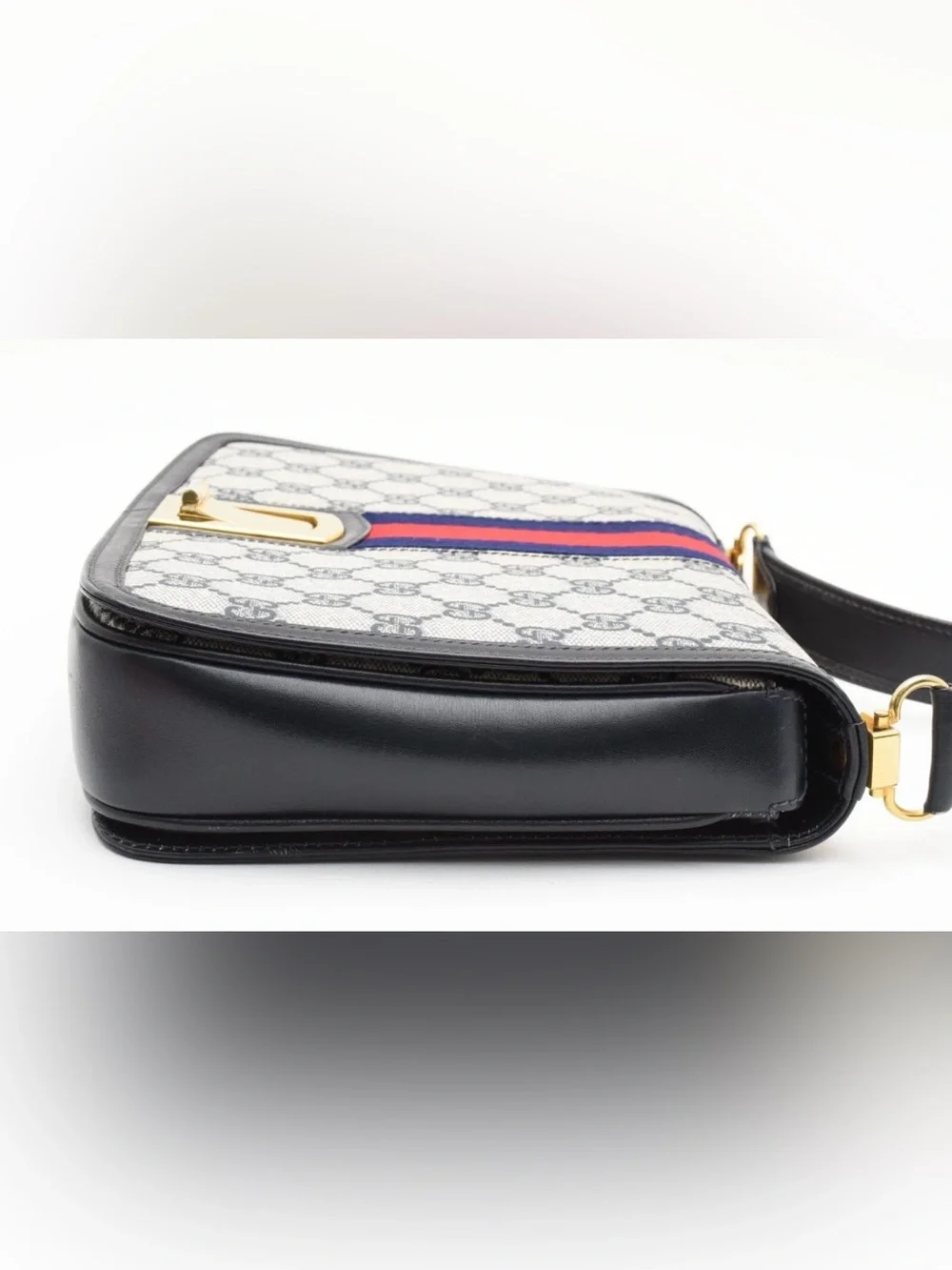 VERY RARE! Vintage GUCCI GG Sherry Shoulder Bag Purse PVC Leather Navy - Picture 5 of 13